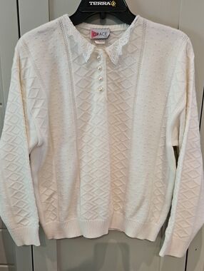 GRACE Cream Knit Sweater with Lace Collar & Pearl Buttons Ptp22.5